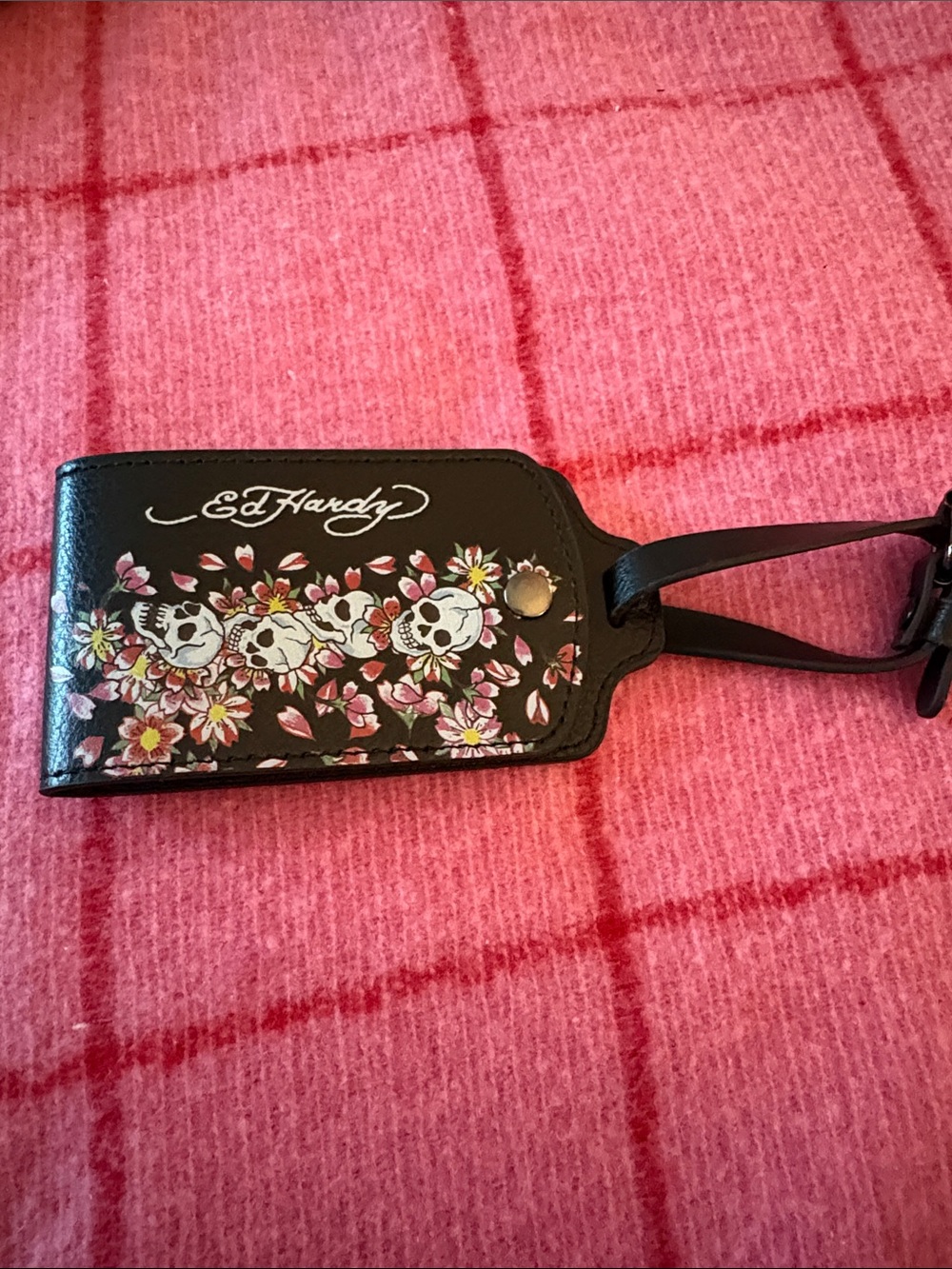 Ed Hardy Black Floral Skull Luggage Tag with Pink Accents